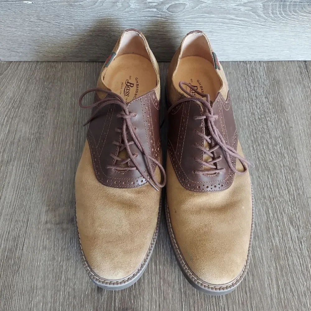 Bass Men's Pasadena Saddle Taupe Suede Oxfords Size 11.5
